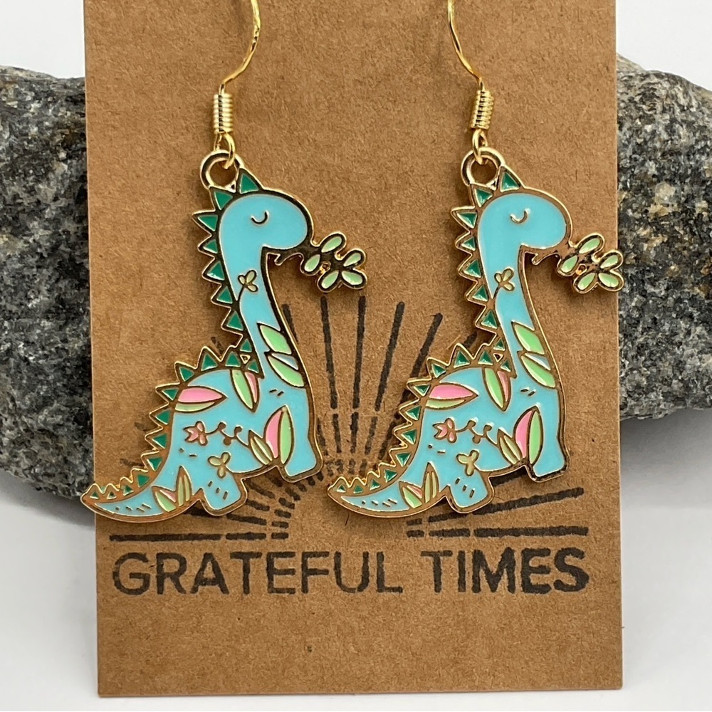 Dinosaur Earrings Hook Enamel Jewelry Gift Prehistoric Animal Stegosaurus Blue - Picture 1 of 5